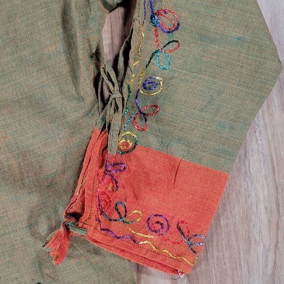🔹️Orange & Olive Multicolor Embroider Print & Tie Sleeve Kurta/Swim Coverup - Picture 4 of 10